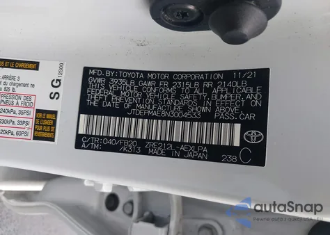 2022 Toyota Corolla Le из США, поврежденный, VIN JTDEPMAE8N3004533